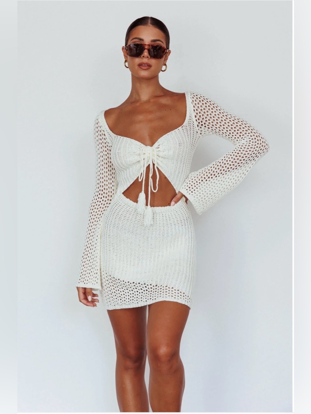 Selfie Leslie White Crochet Tie-Front Long Sleeve Mini Dress